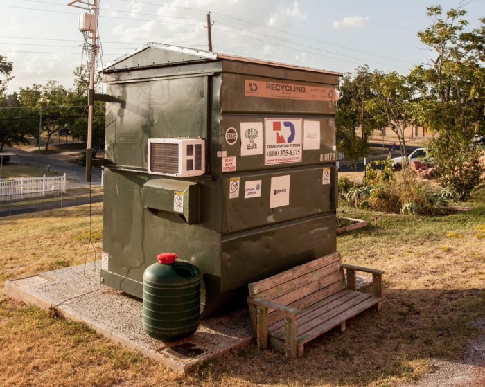 Dumpster living professor simply project atlantic year experiment sustainable wilson mailbox conditioning jeff sarah exterior unit current air