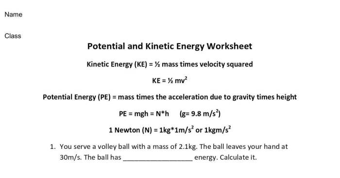 Potential versus kinetic energy worksheet