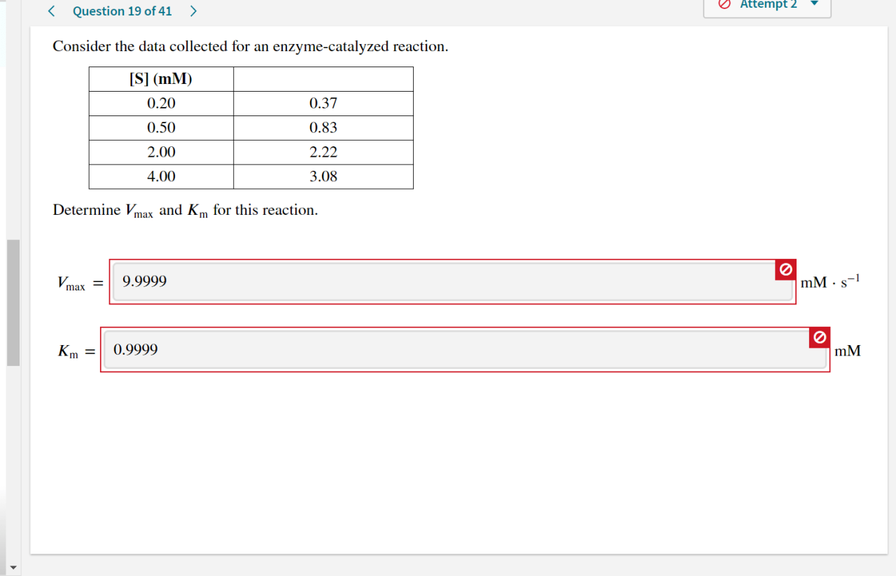 Enzyme reaction vmax km data collected below were determine catalyzed question concepts reason